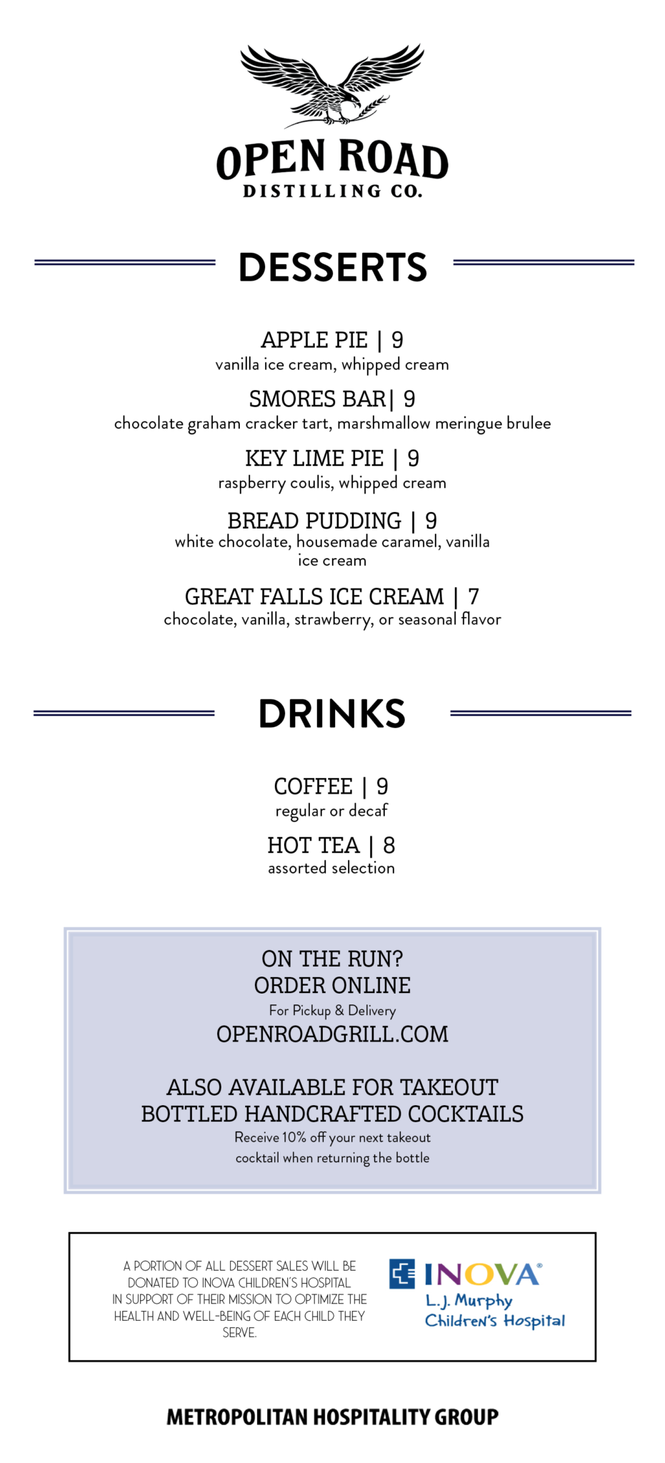 Menu Open Road Distillery