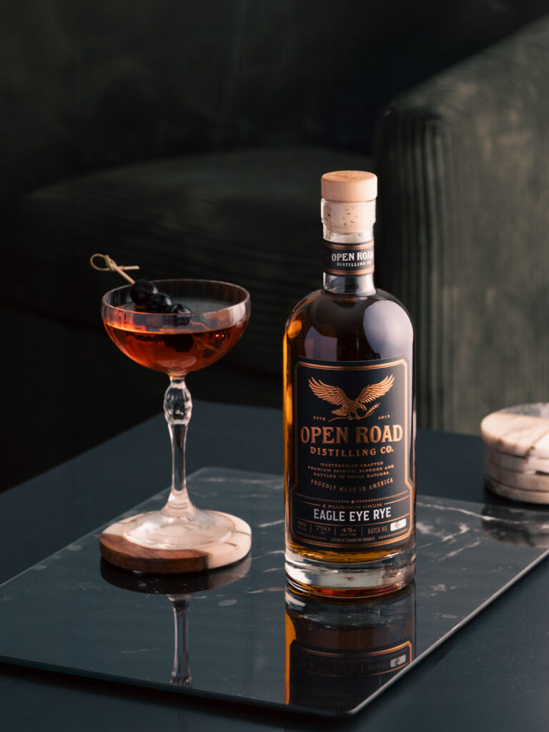Open Road Distilling Co. Eagle Eye Rye with a manhattan