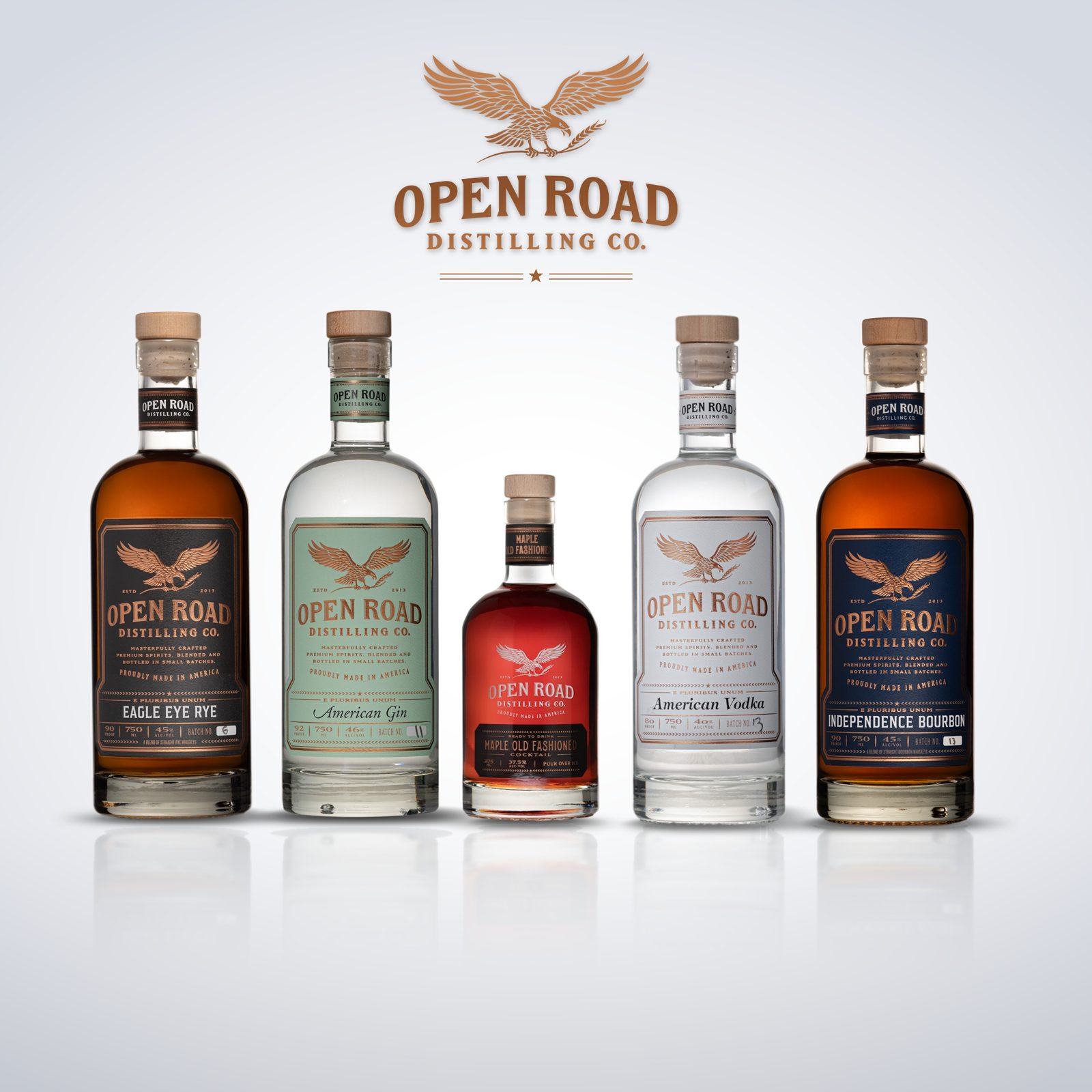 Open Road Distilling Co. spirits lineup: Eagle Eye Rye, American Gin, Maple Old Fashioned, American Vodka and Independence Bourbon bottles