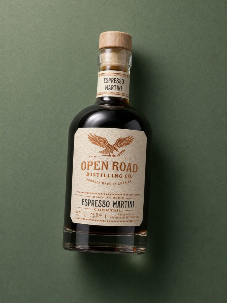 375 ml bottle with a wood cork and the Open Road Distilling Co. label on a green background
