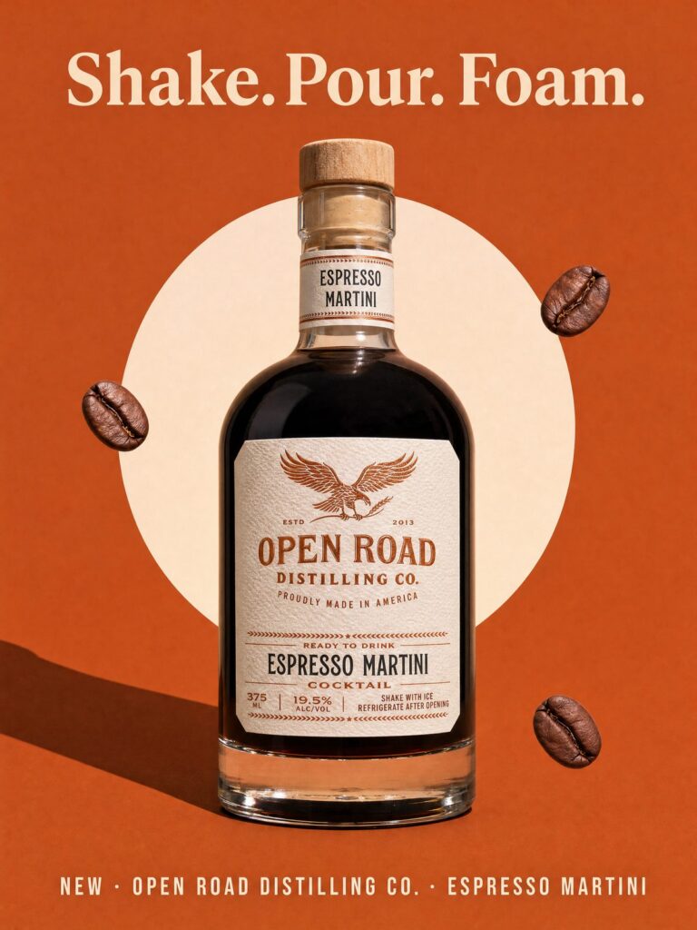 Shake. Pour. Foam. poster from Open Road Distilling Co. with a bottle and floating coffee beans