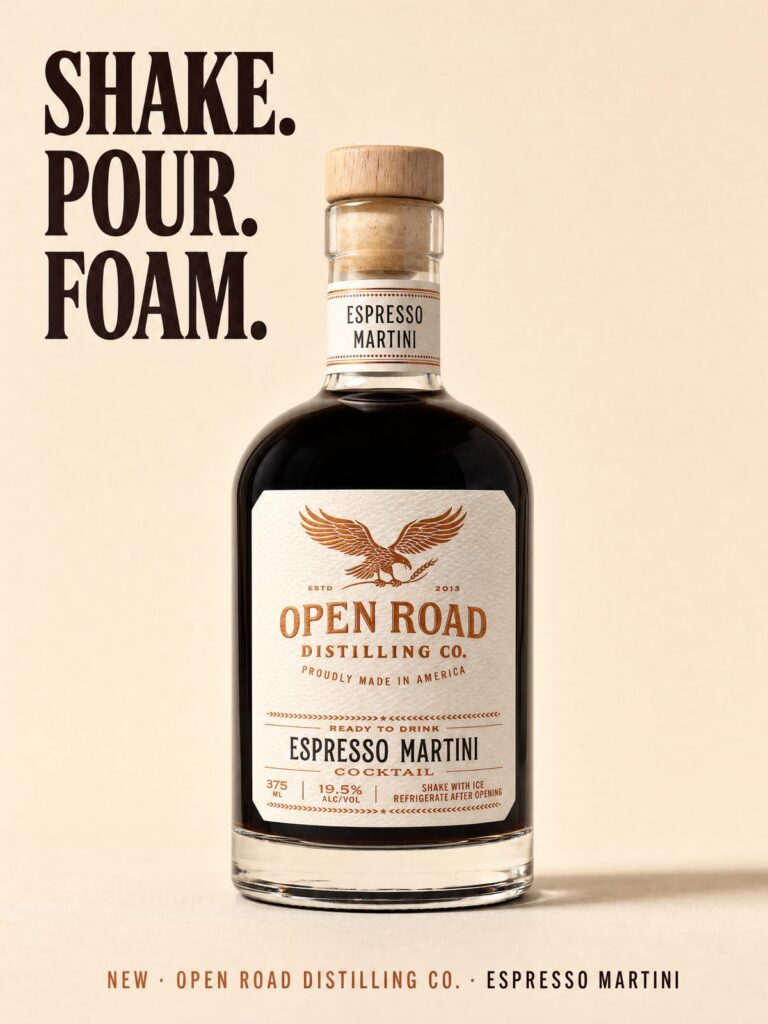 Open Road Distilling Co. ready-to-drink espresso martini bottle, 19.5% alc/vol, with the words Shake. Pour. Foam.